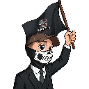 A character wearing a suit and a skull mask waves a black flag.