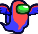 A red and blue ghost crewmate from Among Us with wings flying forward.