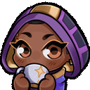 Astra from Valorant in a chibi style, calmly sipping from a glowing tea cup with a smug expression.