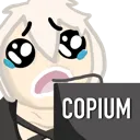 Bennett from Genshin Impact with teary eyes and a desperate expression holding a sign that says COPIUM.
