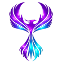 Phoenix bird with glowing purple and blue wings spreading upwards.
