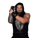 Roman Reigns performing his signature fist-cocking taunt with an intense facial expression.