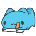 Blue creature drawing a heart on a piece of paper and then holding up the finished sign.