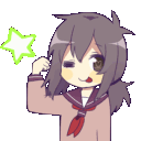 Anime girl with brown hair winking and flexing her arm with a playful expression.