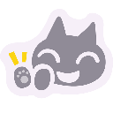 A gray cartoon creature with a wide, happy smile waving its paw with yellow motion lines.