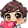 Anime boy with brown hair holding a pink heart with a happy expression.