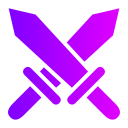 Crossed swords icon in a vibrant purple gradient against a black background.