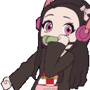 Nezuko Kamado looking surprised while a green frog holds a knife towards her.