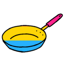 A frying pan colored with the pink, yellow, and blue stripes of the pansexual pride flag.