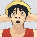 Luffy from One Piece with a shocked expression and wide eyes wearing his signature straw hat.
