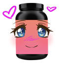 Whey-chan protein tub with an anime girl face, blue eyes, and pink hearts floating around it.