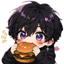 Anime boy with dark hair and purple eyes happily eating a large burger.