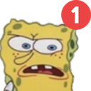 SpongeBob SquarePants with a disgruntled, annoyed expression and a red notification badge in the corner.