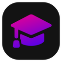 A graduation cap with a purple and pink gradient on a black rounded square background.