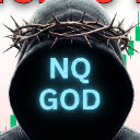 Hooded figure wearing a crown of thorns with glowing blue NQ GOD text over a stock chart background.