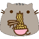 Pusheen the cat happily eating a bowl of ramen with chopsticks.