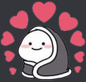 A cute white blob character wrapped in a gray blanket surrounded by floating pink hearts.