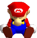 Mario from Super Mario 64 sitting down with his head bowed and eyes closed in a sleeping pose.