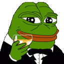 Pepe the Frog wearing a tuxedo and holding a glass of wine while winking.