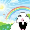 A white rabbit with a distorted, wide-open laughing mouth set against a bright, sunny meadow with a rainbow.