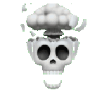 A white skull with a mushroom cloud explosion erupting from the top of its head.