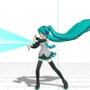 Hatsune Miku firing a bright blue energy beam from her arm.