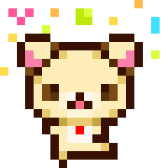 Korilakkuma the white bear dancing happily under falling confetti in a pixel art style.