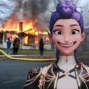 Character with purple hair and a wide, mischievous grin posing in front of a burning house.