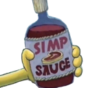 A yellow cartoon hand holds a bottle labeled Simp Sauce with a steak icon on the label.