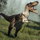 Daspletosaurus dinosaur standing in a grassy field with its mouth wide open in a roar.