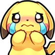 Pikachu crying with large blue tears streaming down its cheeks while holding its paws to its chest.