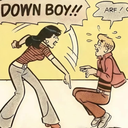 A woman in a comic panel pointing downward and saying DOWN BOY to a man who looks shocked and startled.