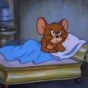 Jerry Mouse lying in bed with a grumpy and annoyed expression.