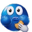 A blue emoji face with puffed-out cheeks eating a cookie with a white hand.