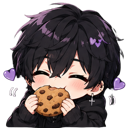 Anime boy with dark hair and a black hoodie happily eating a chocolate chip cookie surrounded by purple hearts.