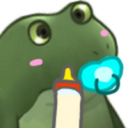 A green frog character holding a pacifier in its mouth and a baby bottle in its hand.