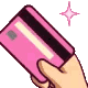 A hand holding out a pink credit card with a sparkling effect.