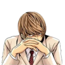 Light Yagami resting his chin on his clasped hands with a smug and suspicious expression.
