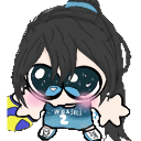 Chibi girl with large sparkling eyes wearing a blue jersey and holding a volleyball.
