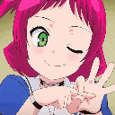 Anime girl with pink hair winking and poking her index fingers together.