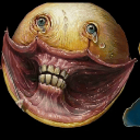 A yellow smiley face with realistic human teeth and exposed red muscle tissue surrounding its mouth.