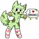 A green, stitched-up zombie creature wearing pink striped socks holding a speech bubble that says I love brains.