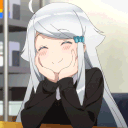 Anime girl with white hair smiling with eyes closed while resting her chin on her hands.