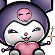 Kuromi smiling happily while holding a pink heart with sparkles nearby.