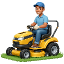 A smiling worker in a blue uniform driving a yellow lawn mower on a patch of green grass.