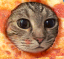 A cat face looking through a hole in a slice of pepperoni pizza.
