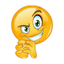 Yellow smiley face with a devious grin and hands clasped together in a plotting gesture.