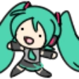 Hatsune Miku in a chibi doodle style dancing with a wide, happy expression.
