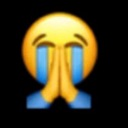 Yellow emoji face with blue tears streaming down and hands pressed together in a prayer gesture.