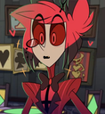 Alastor from Hazbin Hotel with wide eyes and a monocle looking confused.